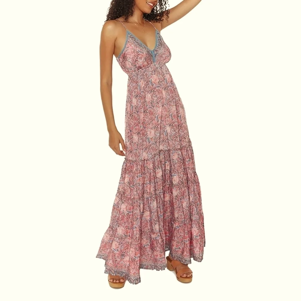 Raga Baran Paisley Print Tiered Maxi Dress In Fuschia, Size Large - Picture 4 of 11
